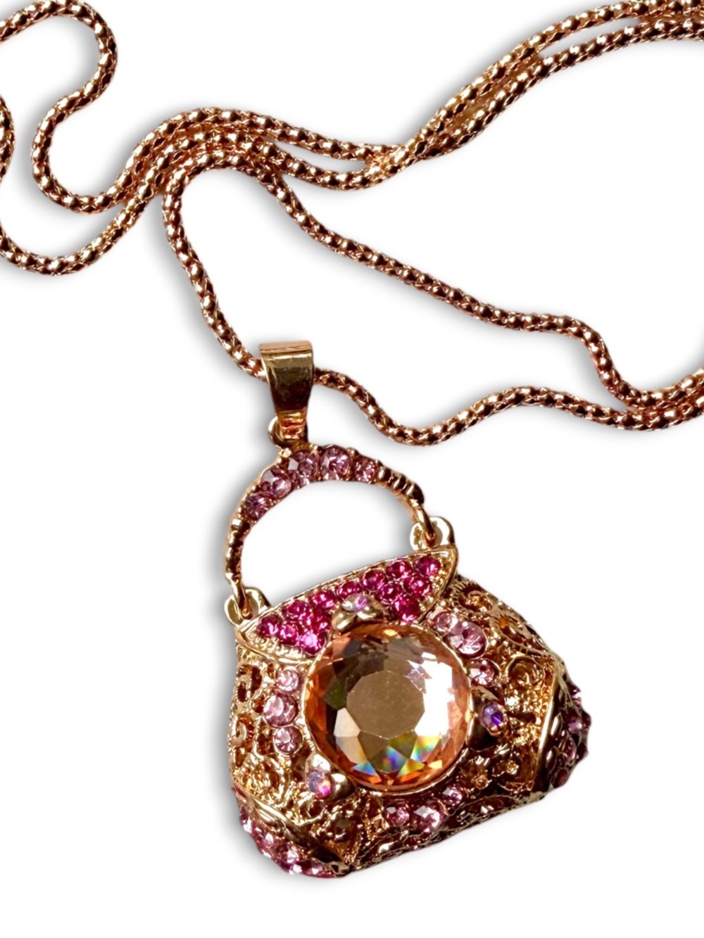 Betsey Johnson Rose Gold Handbag Pendant Necklace Pink Crystal Champagne NWT